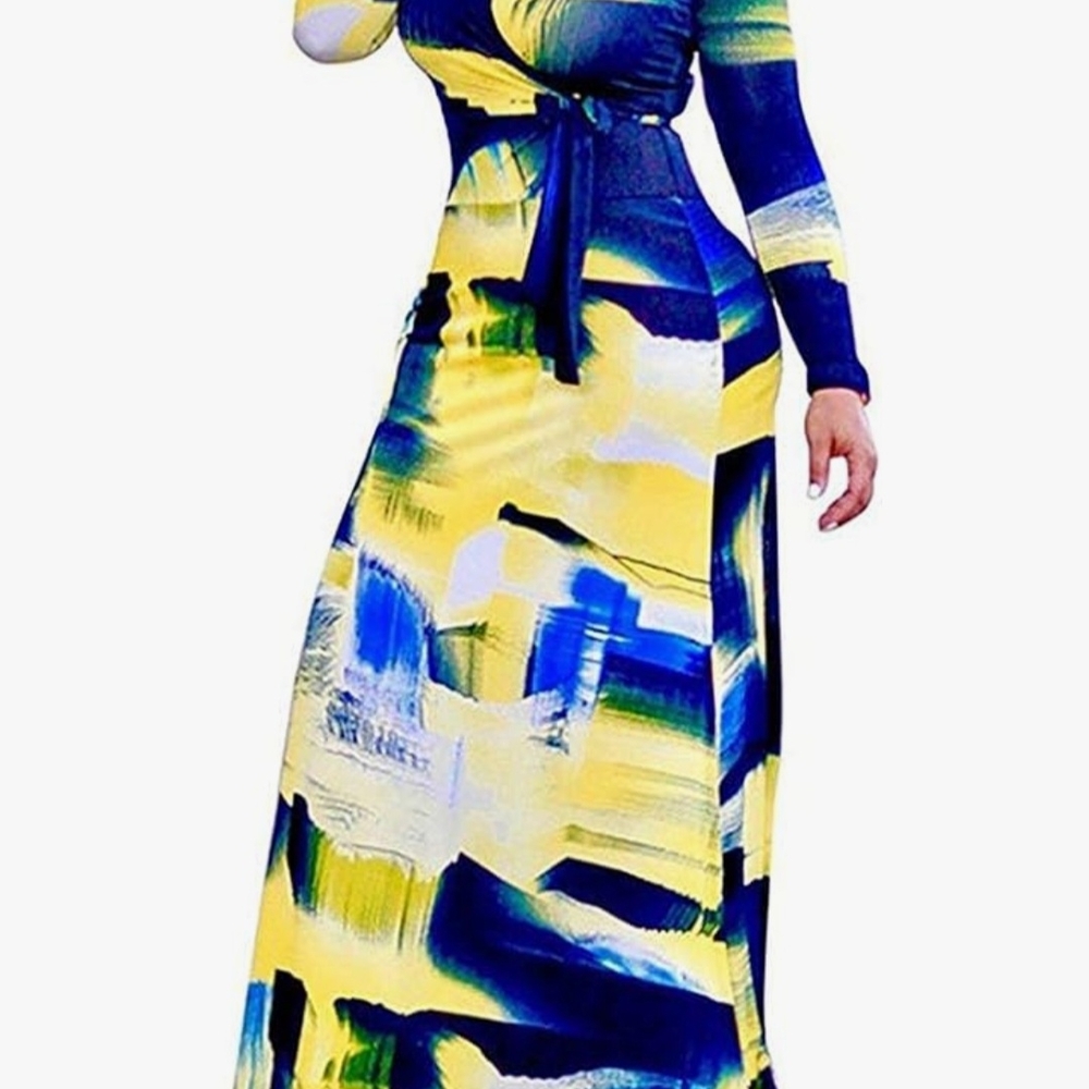 Abstract Blue and Yellow Maxi Dress